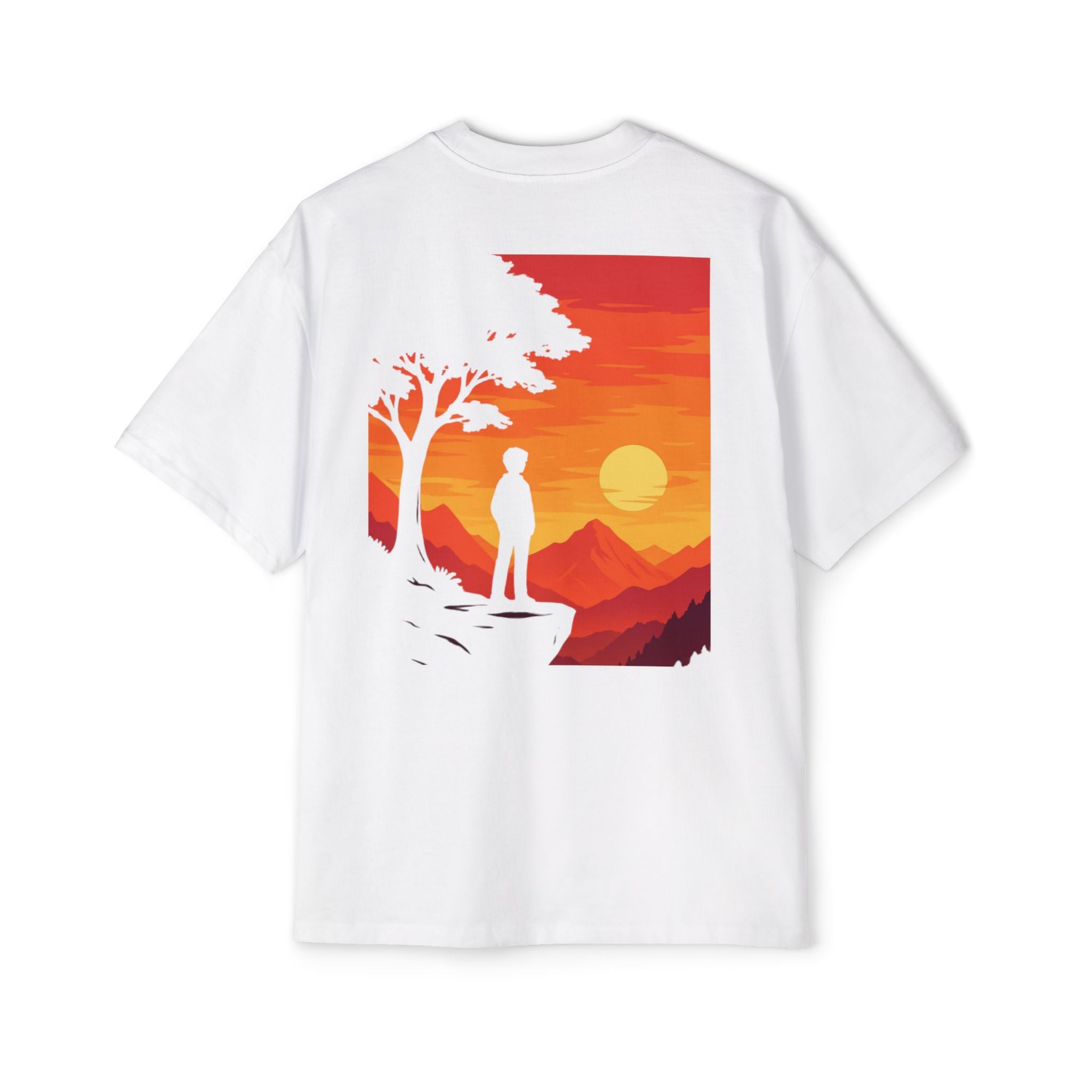 Sunset Peak Oversized Tee — Japanese Cherry Blossom & Mountain Silhouette