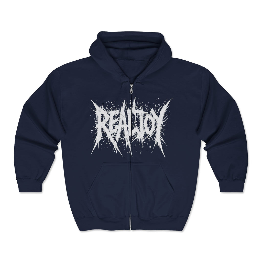 Black Zip Hoodie — 'REALJOY' Grunge Logo Metalcore Zip-Up