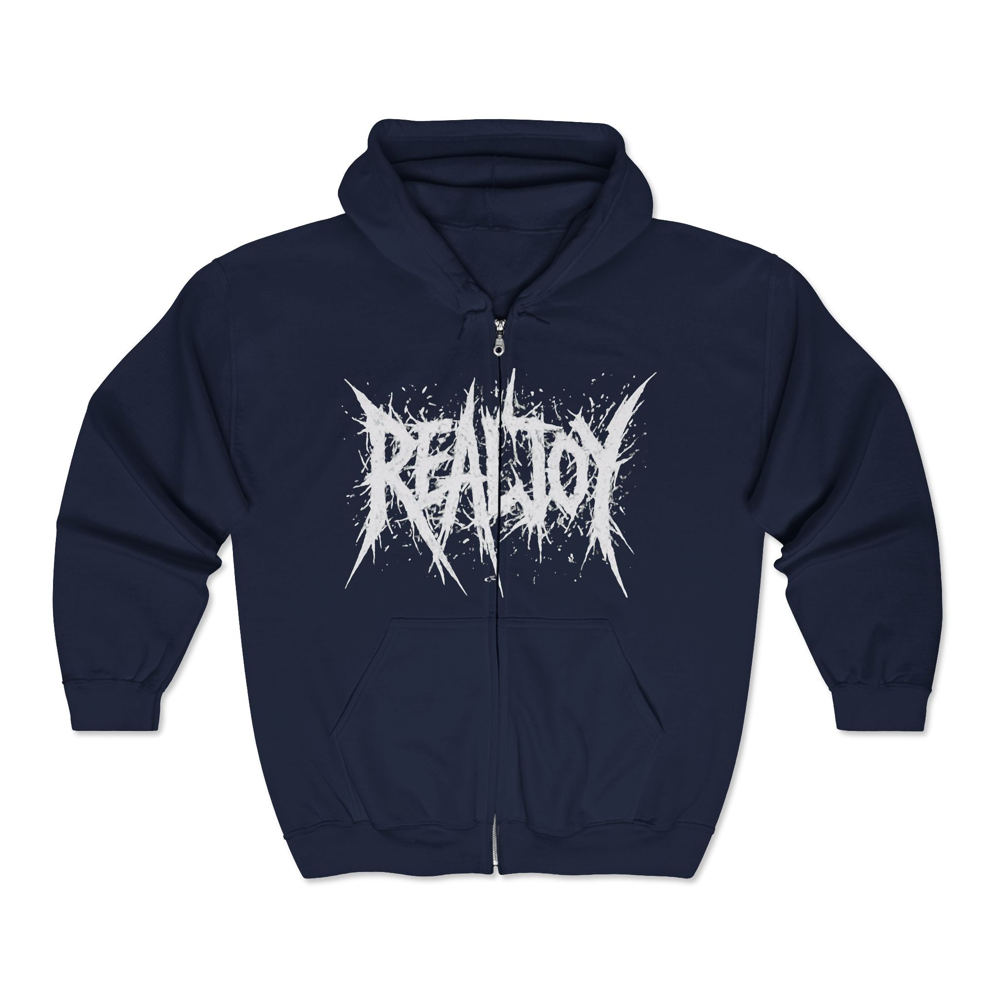 Black Zip Hoodie — 'REALJOY' Grunge Logo Metalcore Zip-Up