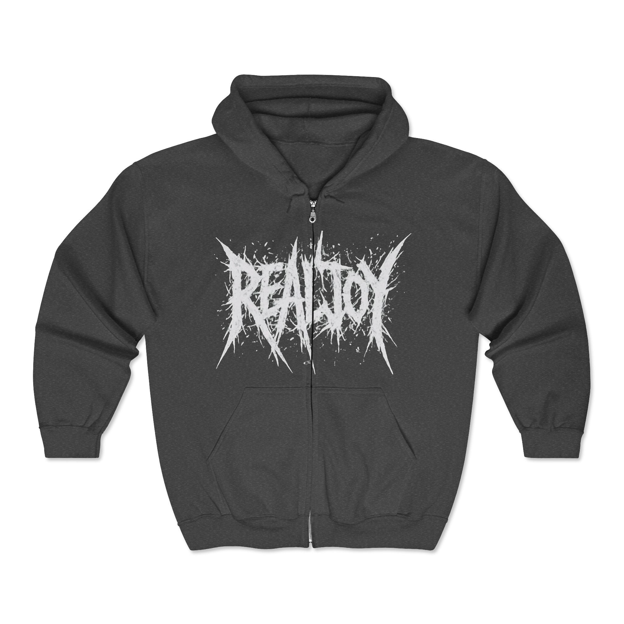 Black Zip Hoodie — 'REALJOY' Grunge Logo Metalcore Zip-Up