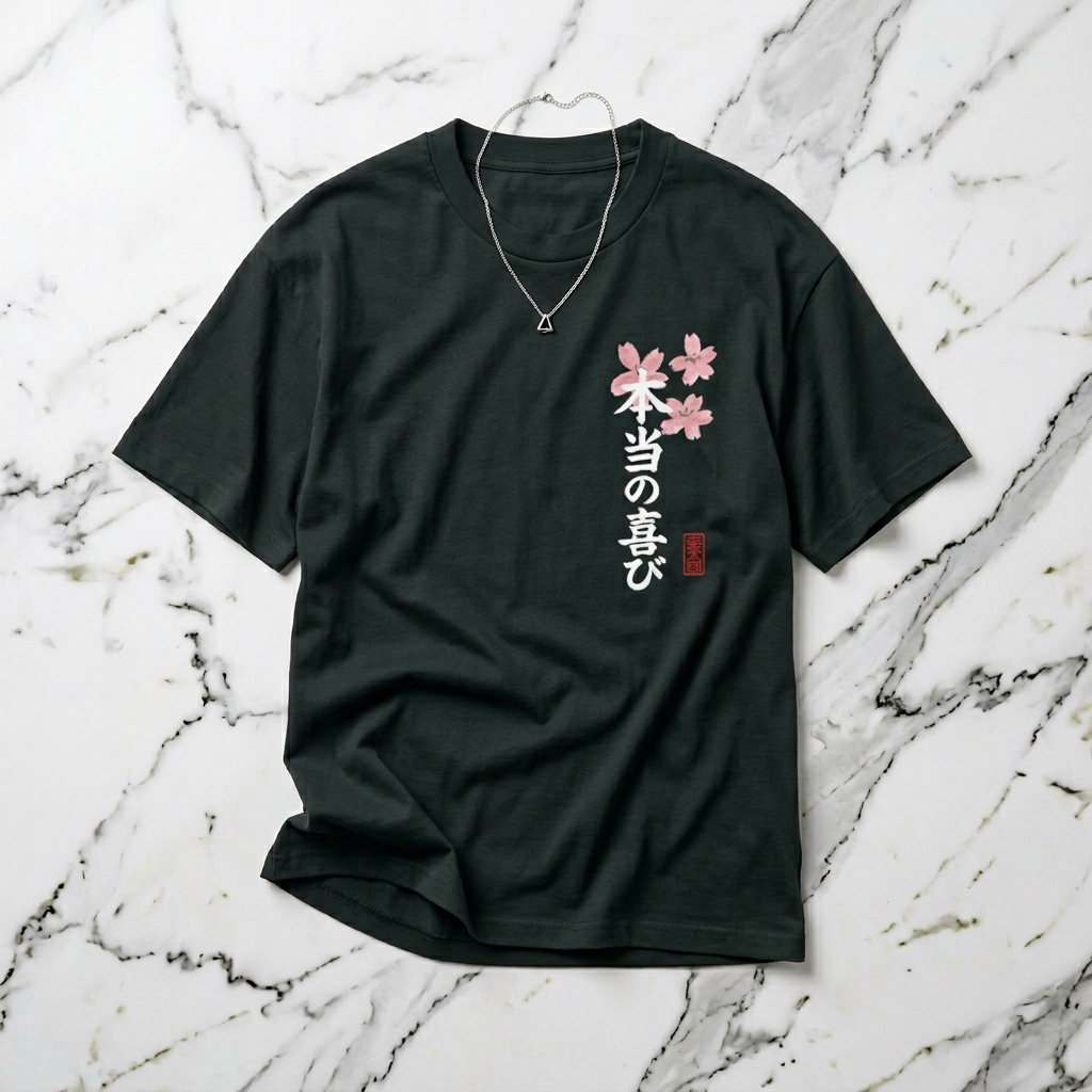 Sunset Peak Oversized Tee — Japanese Cherry Blossom & Mountain Silhouette