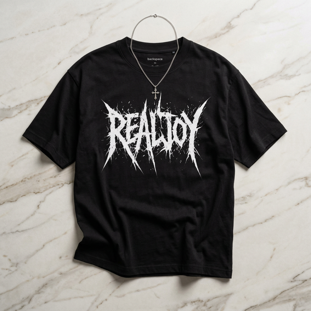 REALJOY Graphic Tee — Distressed Metal Band Logo Boxy Shirt