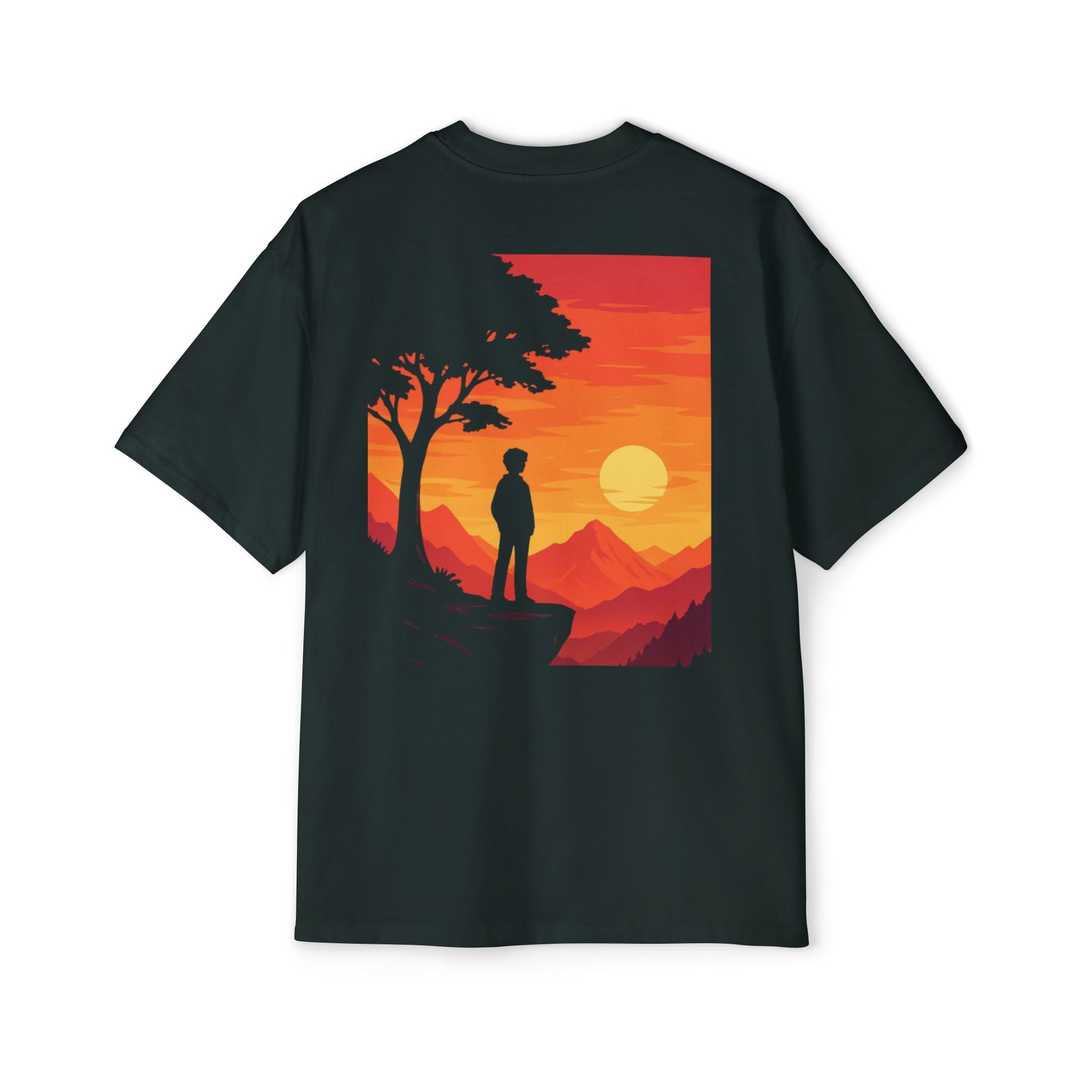 Sunset Peak Oversized Tee — Japanese Cherry Blossom & Mountain Silhouette