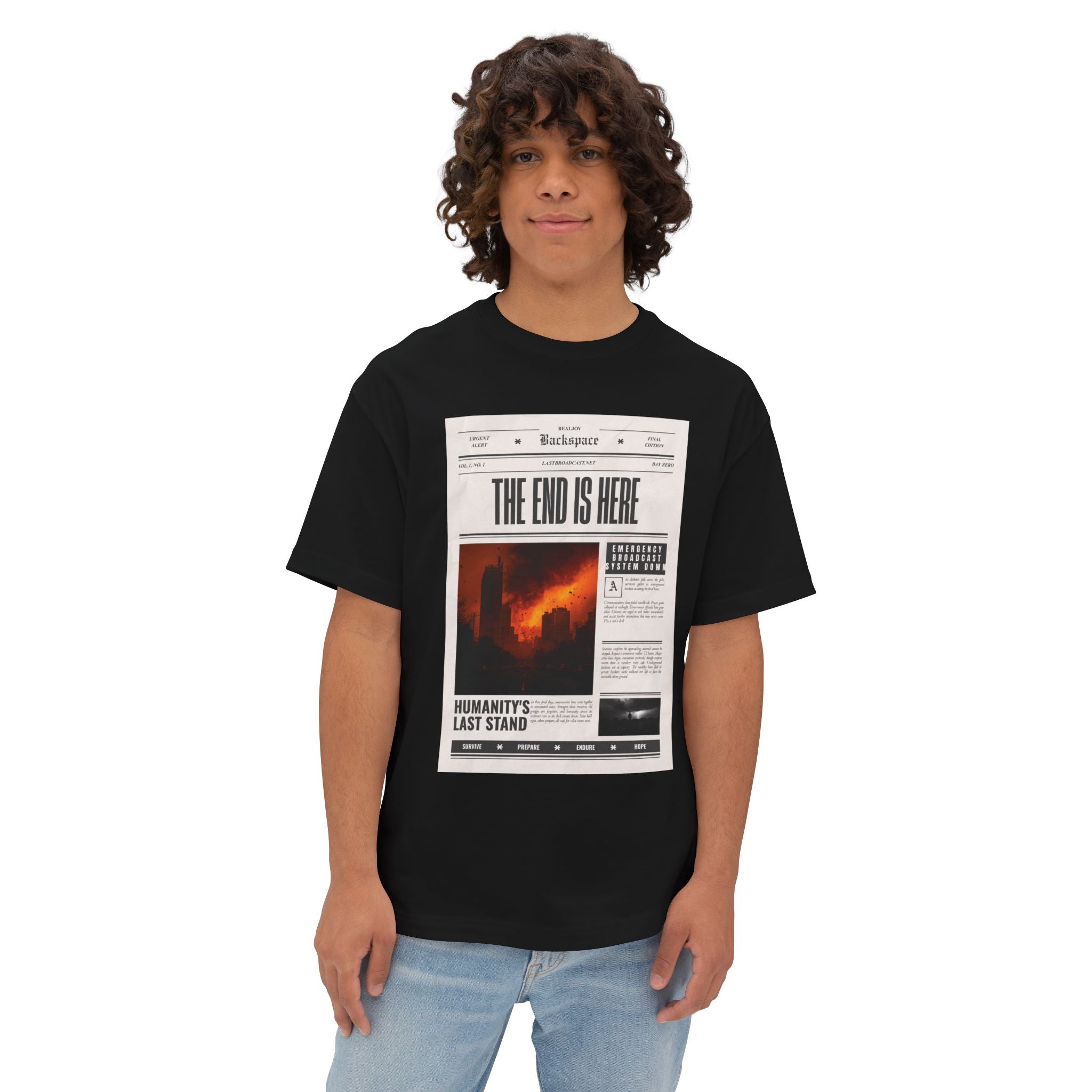 Tee — 'The End Is Here' Apocalyptic Newspaper Graphic Oversized Boxy T-Shirt