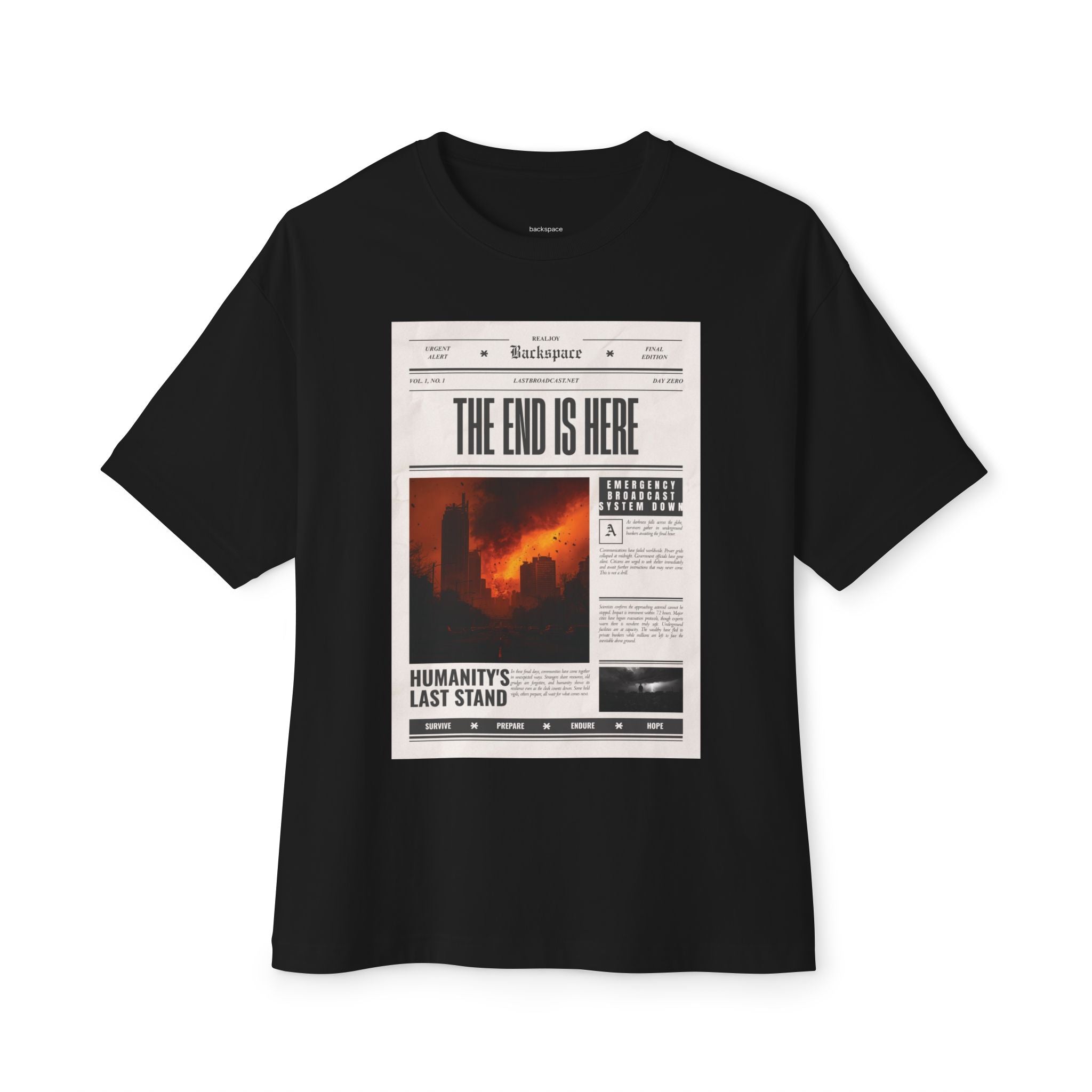 Tee — 'The End Is Here' Apocalyptic Newspaper Graphic Oversized Boxy T-Shirt