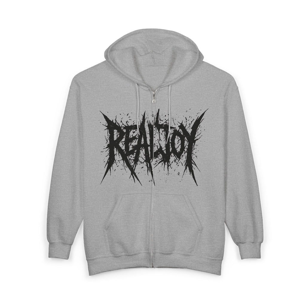 Black Zip Hoodie — 'REALJOY' Grunge Logo Metalcore Zip-Up