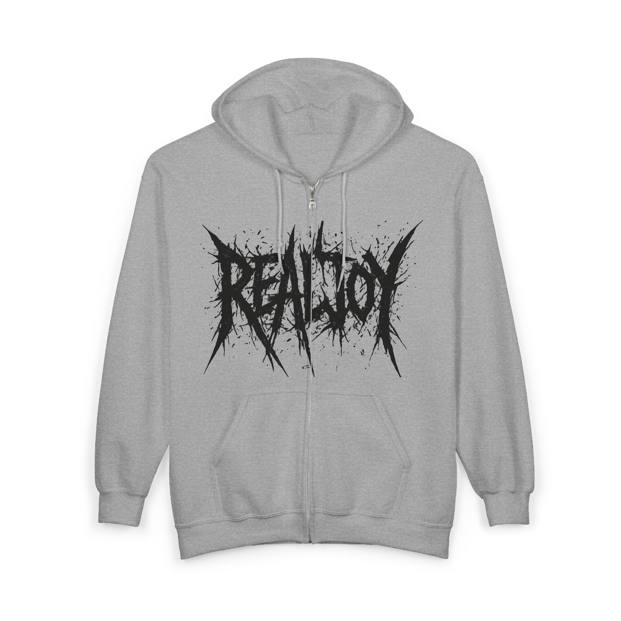 Black Zip Hoodie — 'REALJOY' Grunge Logo Metalcore Zip-Up