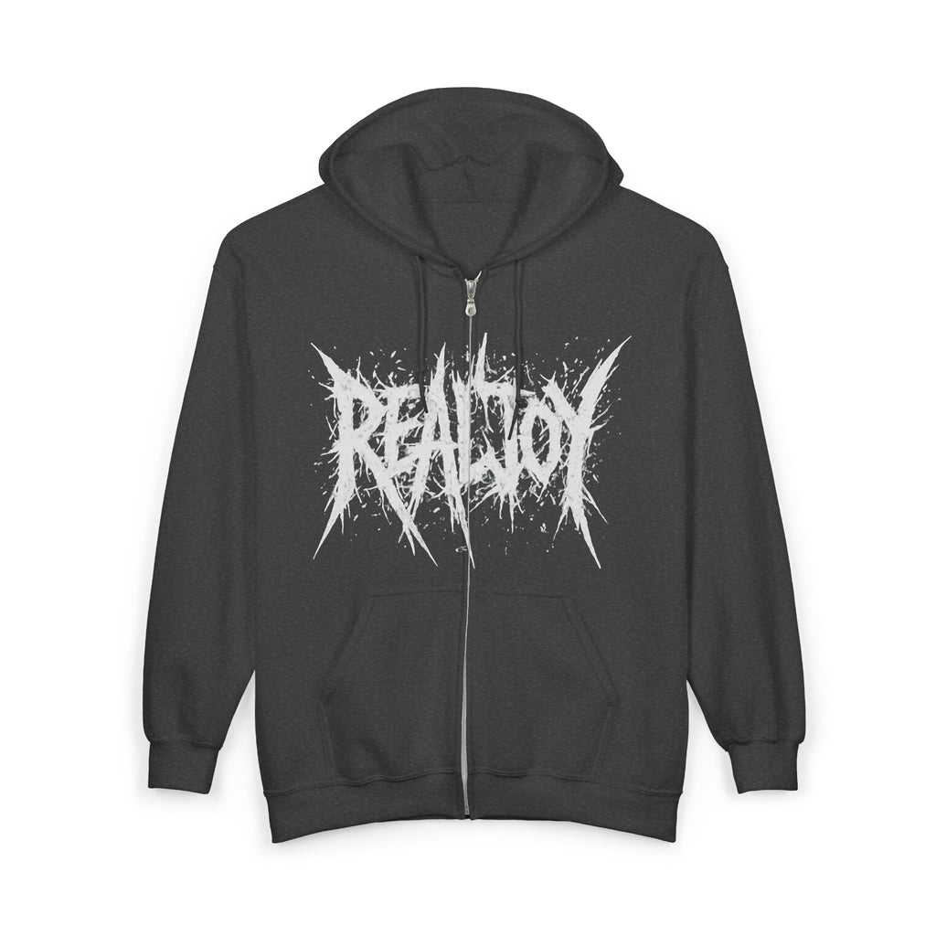 Black Zip Hoodie — 'REALJOY' Grunge Logo Metalcore Zip-Up