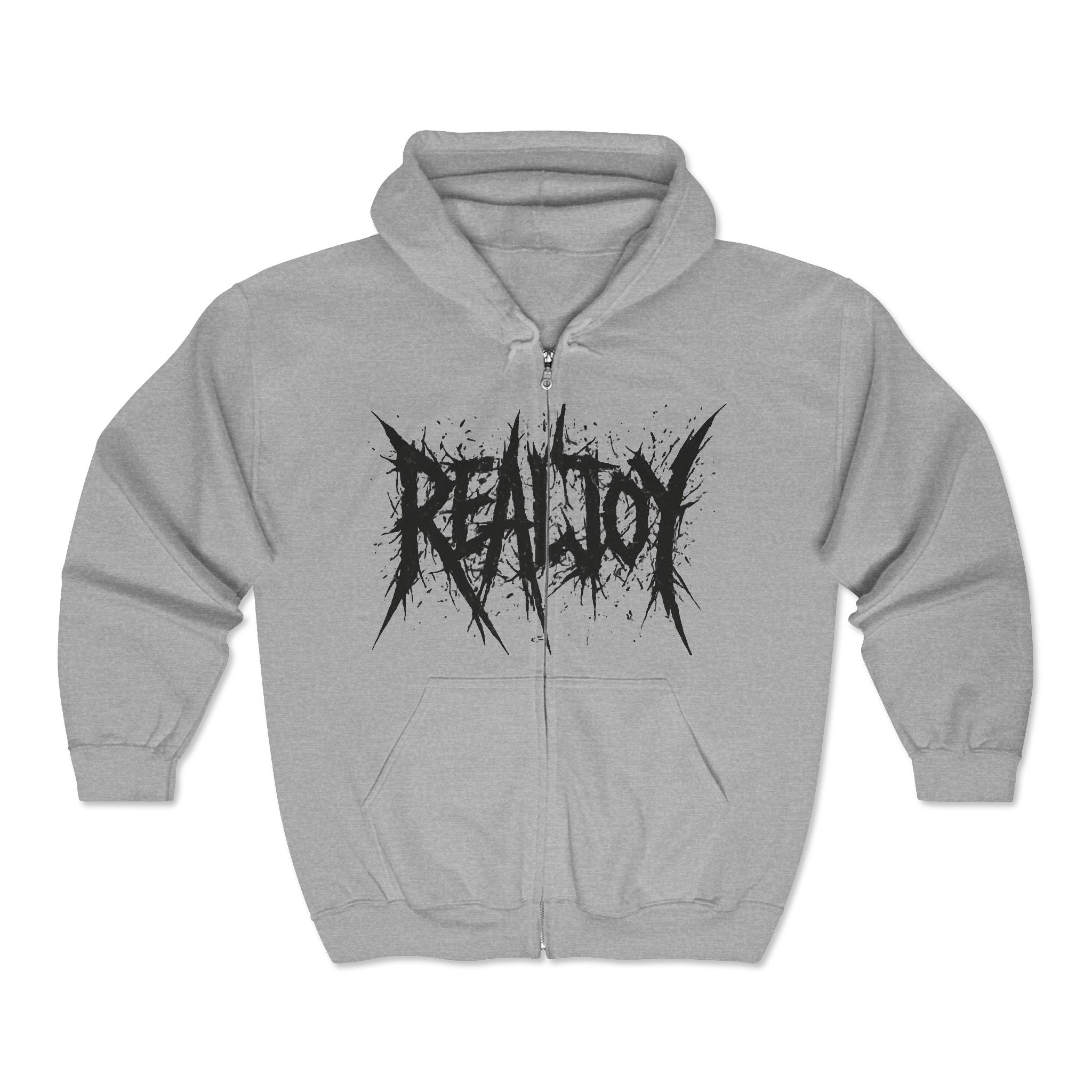 Black Zip Hoodie — 'REALJOY' Grunge Logo Metalcore Zip-Up