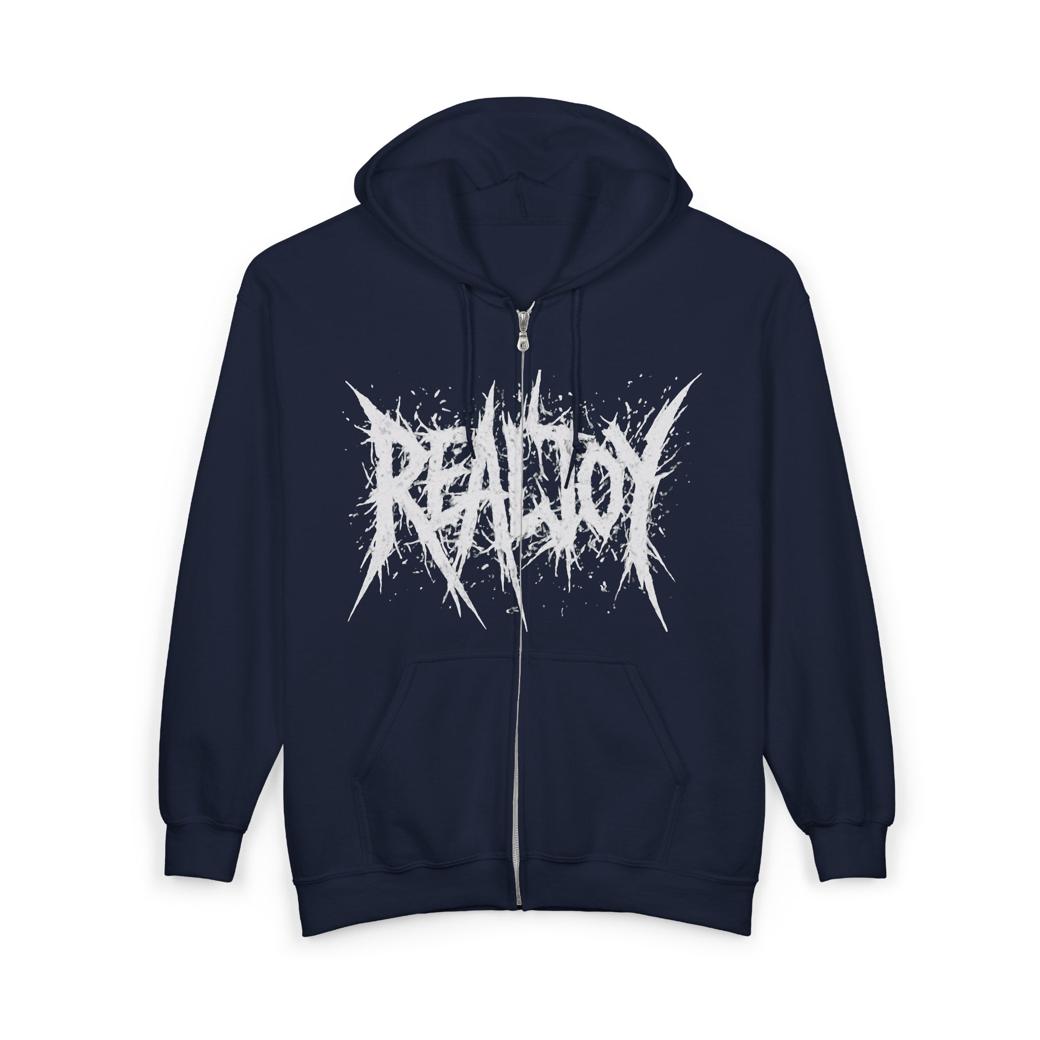 Black Zip Hoodie — 'REALJOY' Grunge Logo Metalcore Zip-Up